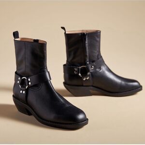 New Anthropologie Silent D Claire Moto Ankle Boot Black Belted Leather